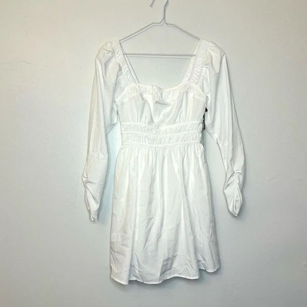 NWT ASTR The Label Cinched Waist Smocked Long Sleeve White Mini Dress Size XS